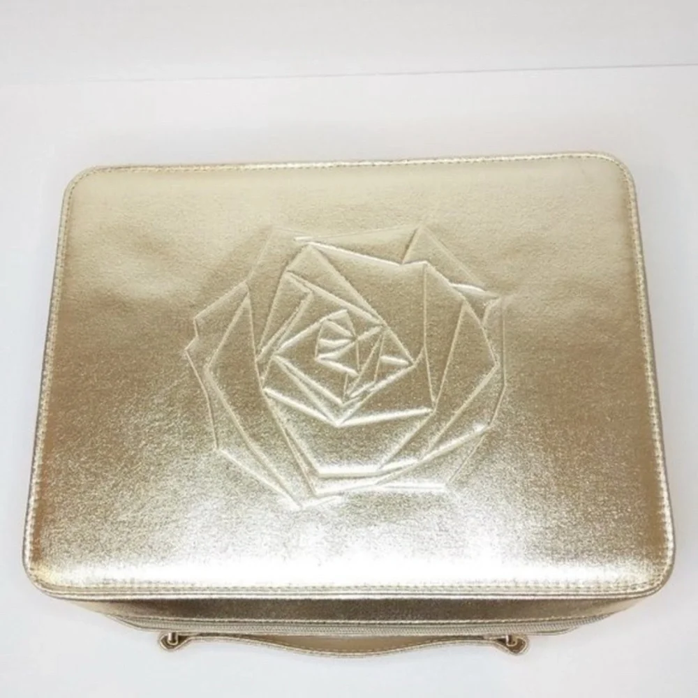 New! Lancome Gold Shiny Makeup Box Tote Bag, Handle, Zipper - Holiday